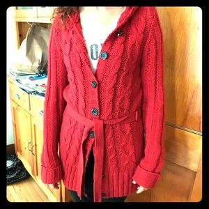 Cable knit long red hooded sweater